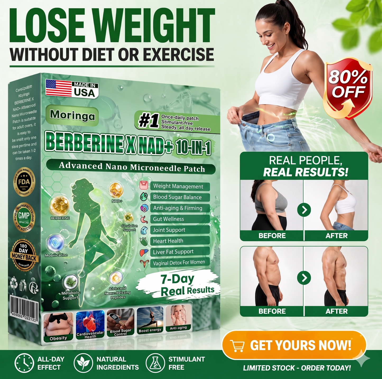 🌿😊  Moringa · Berberine × NAD+ 10-in-1 Nano Slim Patch (Once a Day • Visible Results in 7 Days)